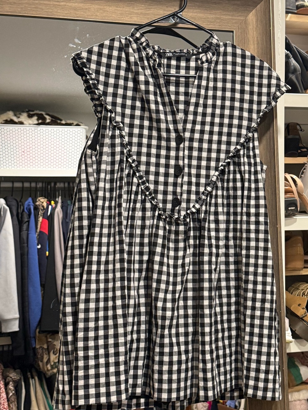 Zara Black & White Gingham Ruffle Button-Front romper